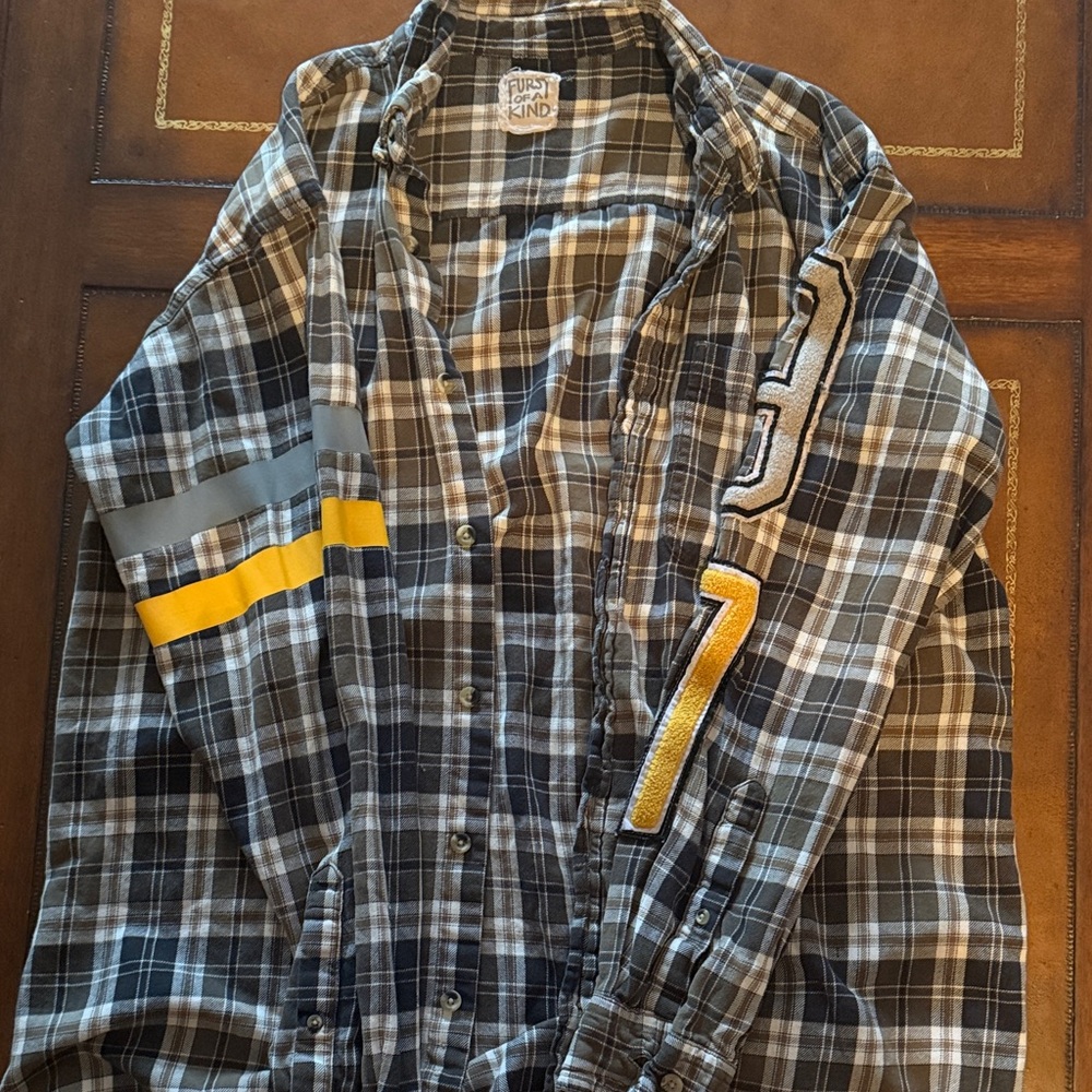 Women’s Plaid Button-Down Shirt with Yellow Sleeve Stripe